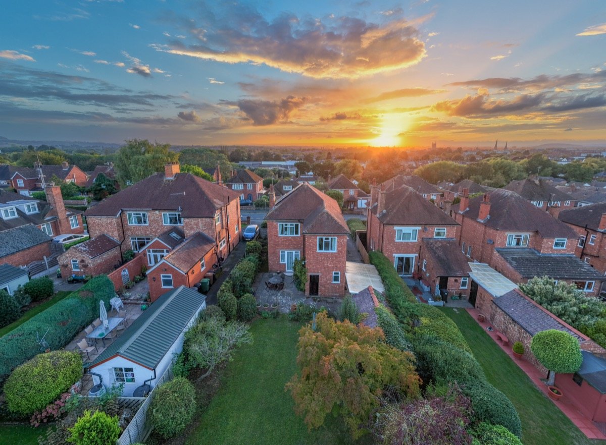 Drone view of Hereford homes at sunset