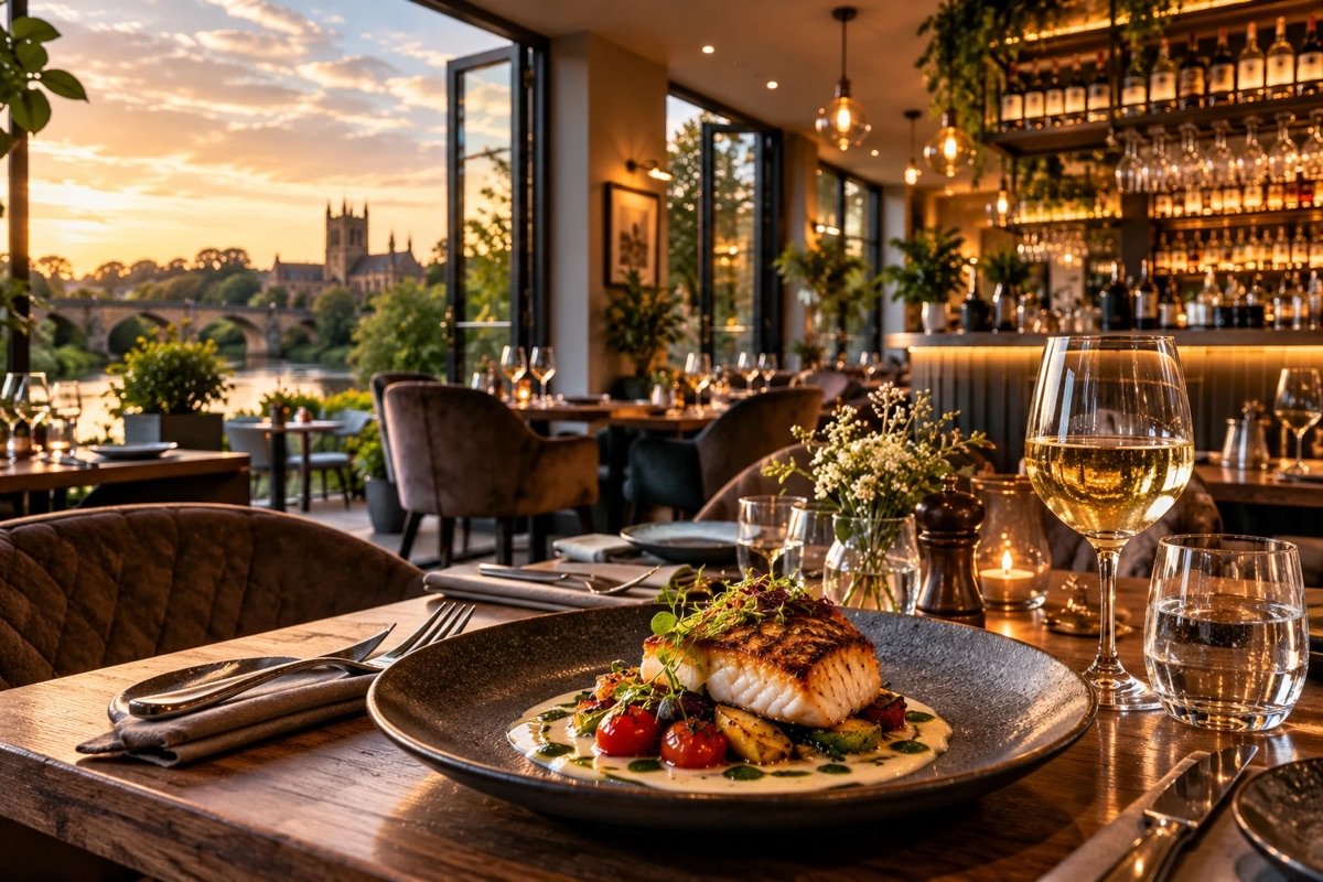 Riverside restaurant at sunset with a plated fish dish and a glass of white wine, the Cathedral and bridge beyond the windows