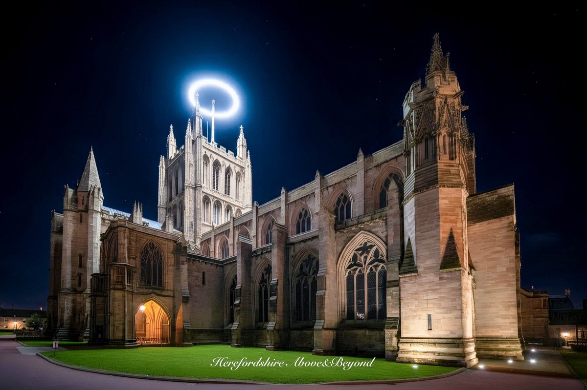 Hereford Cathedral lit at night