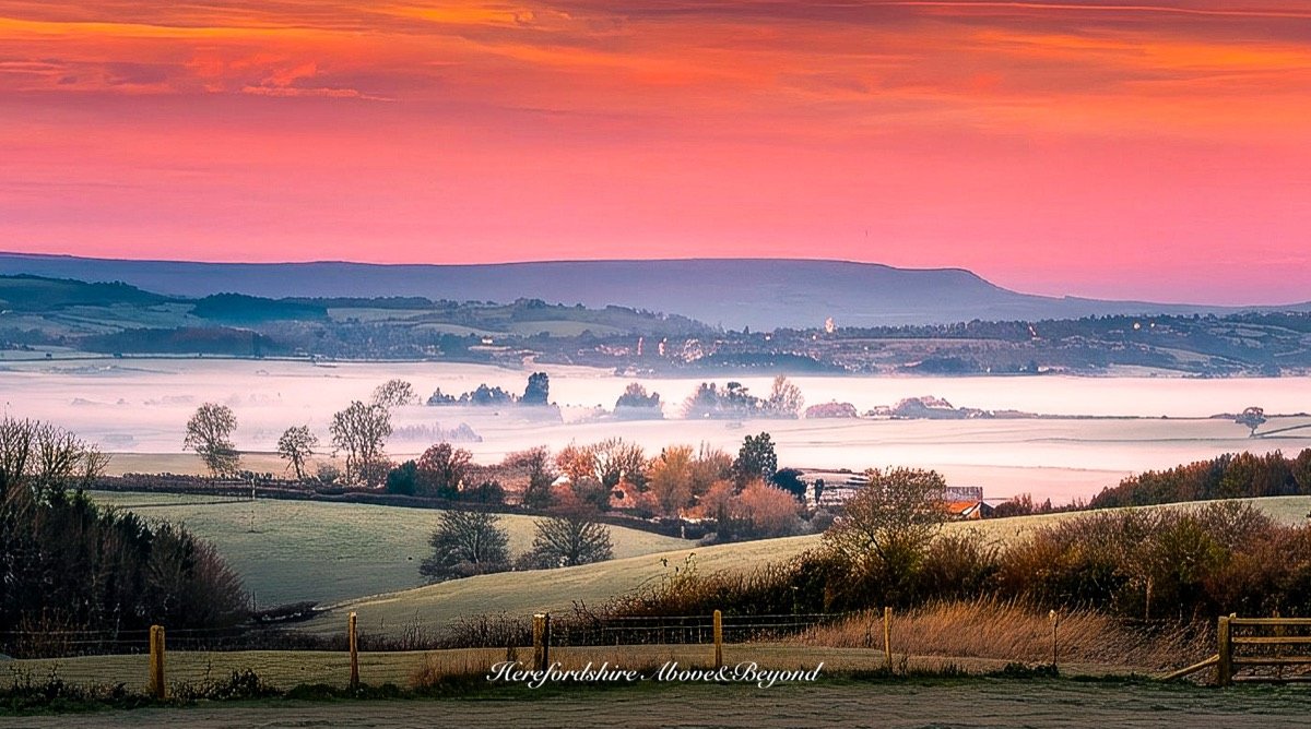 Morning mist over the Herefordshire hills at sunrise
