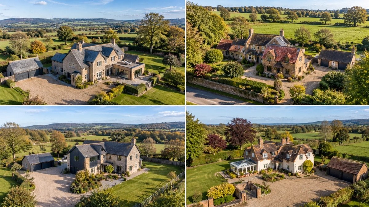Four aerial photographs of country houses with garages, gardens and gravel drives in open countryside